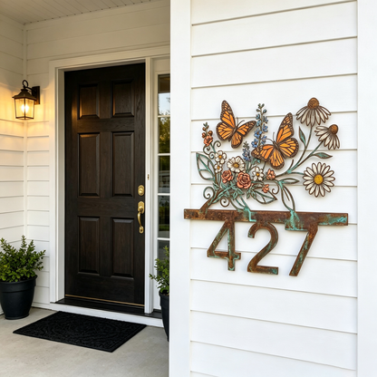 Personalized Monarch Butterfly Floral House Number Sign