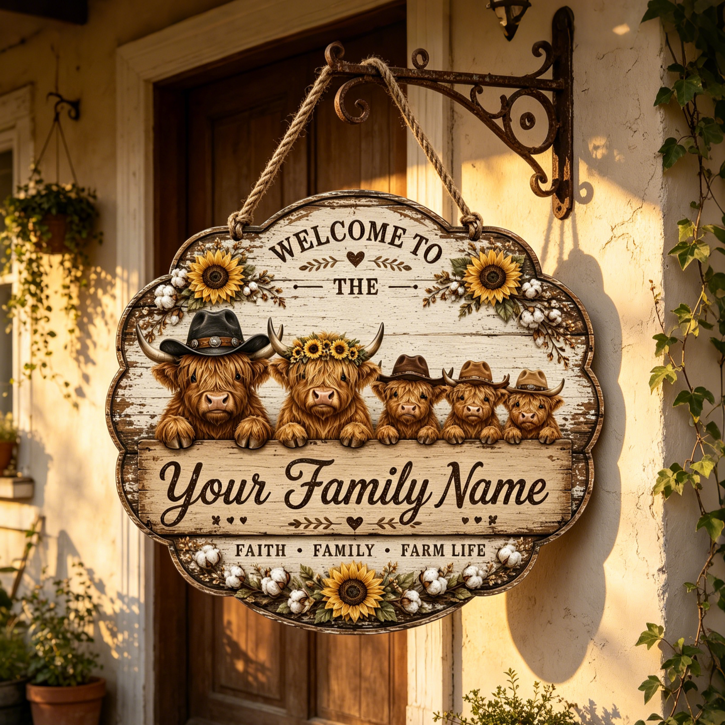Custom Highland Cow Farm Family Welcome Sign