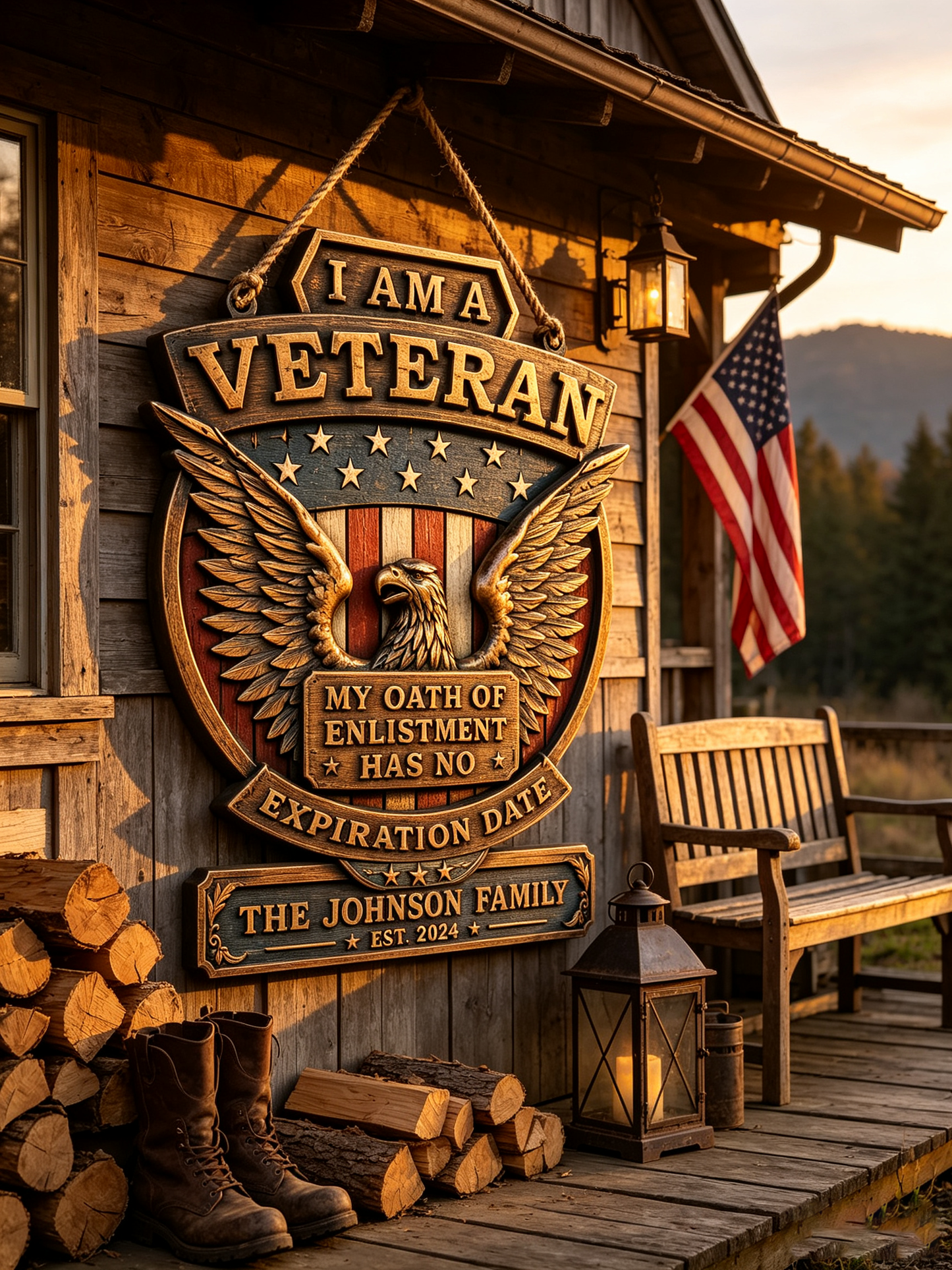 Personalized Patriotic Veteran Eagle Family Wood Sign