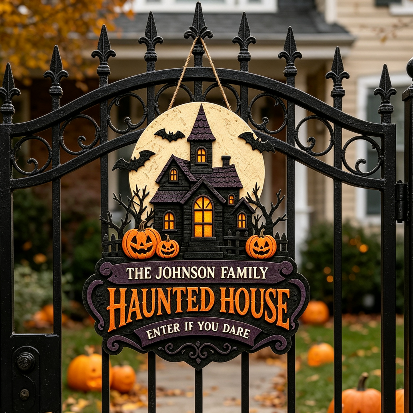 Custom Haunted House Family Halloween Door Hanger