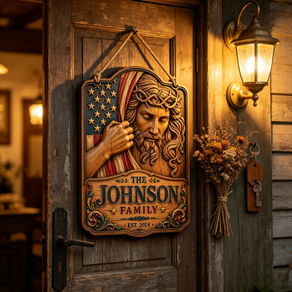Personalized Patriotic Jesus American Flag Family Wood Sign