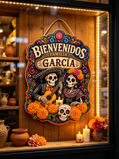Personalized Dia De Los Muertos Familia Name Hanging Sign