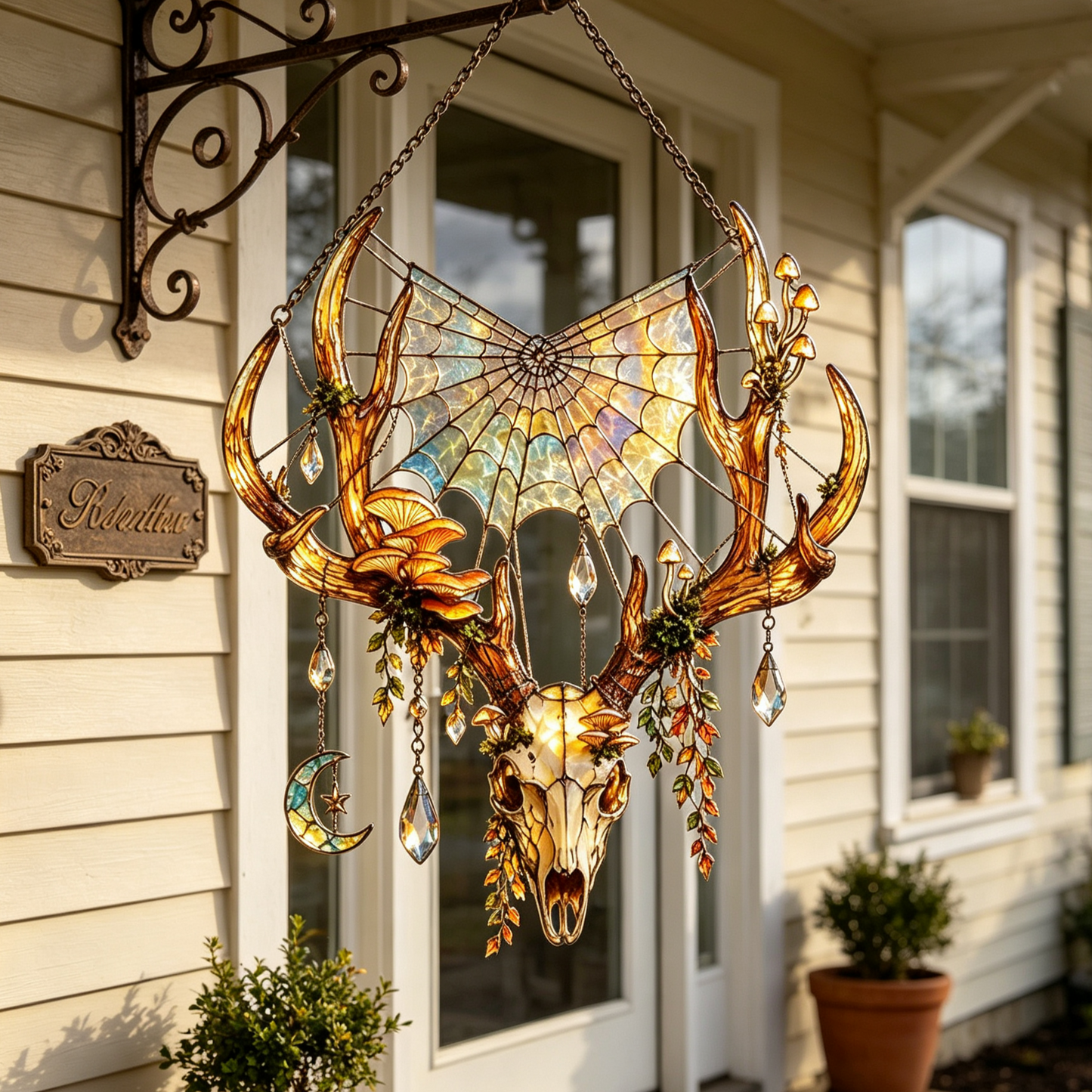 Stained Glass Deer Skull Mushroom Moon Window Hanging