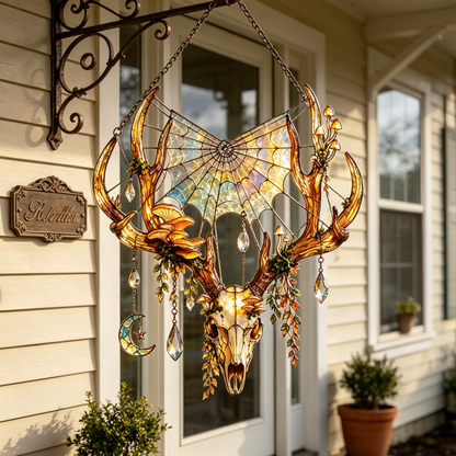 Stained Glass Deer Skull Mushroom Moon Window Hanging