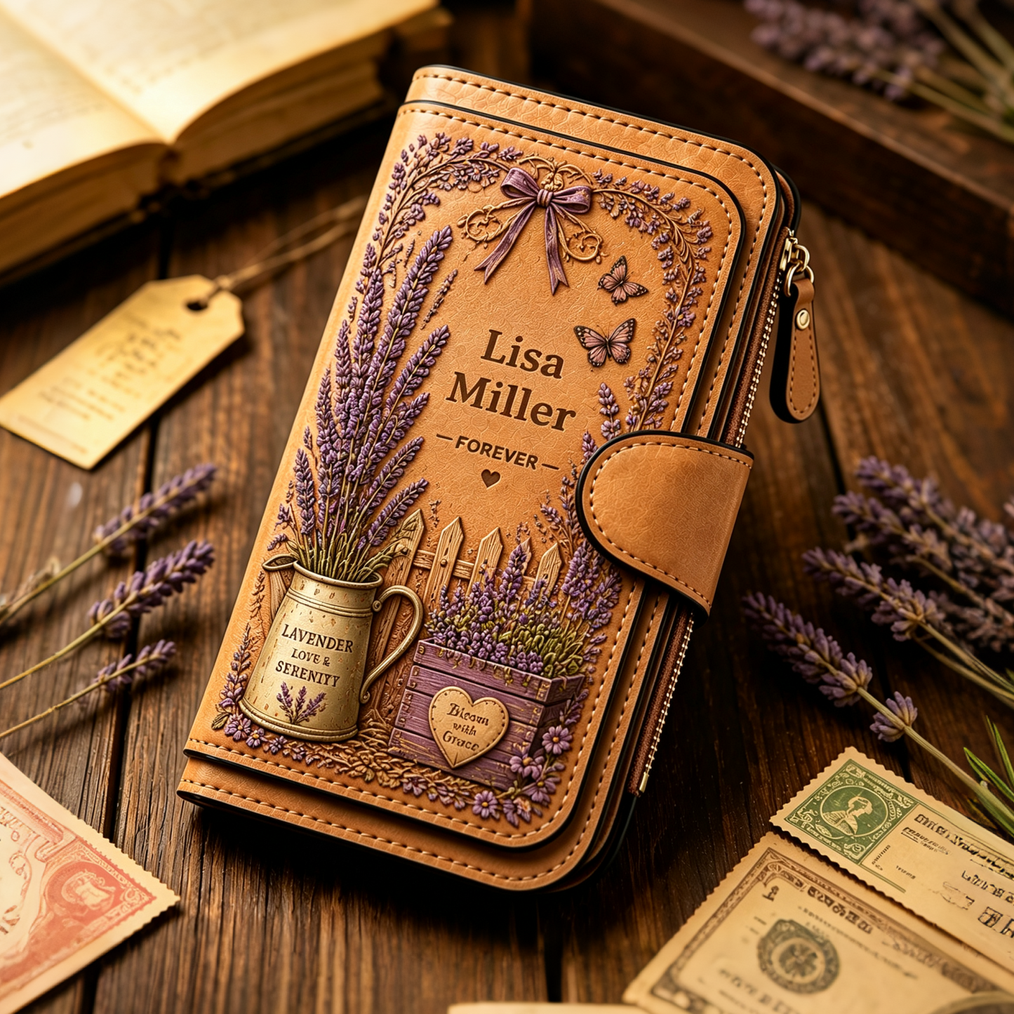 🌸Custom Name Women Floral Leather Wallet 🌻Personalized Vintage Flower Butterfly Long Clutch Purse Hydrangea Sunflower Lavender Rose Custom Gift for Her
