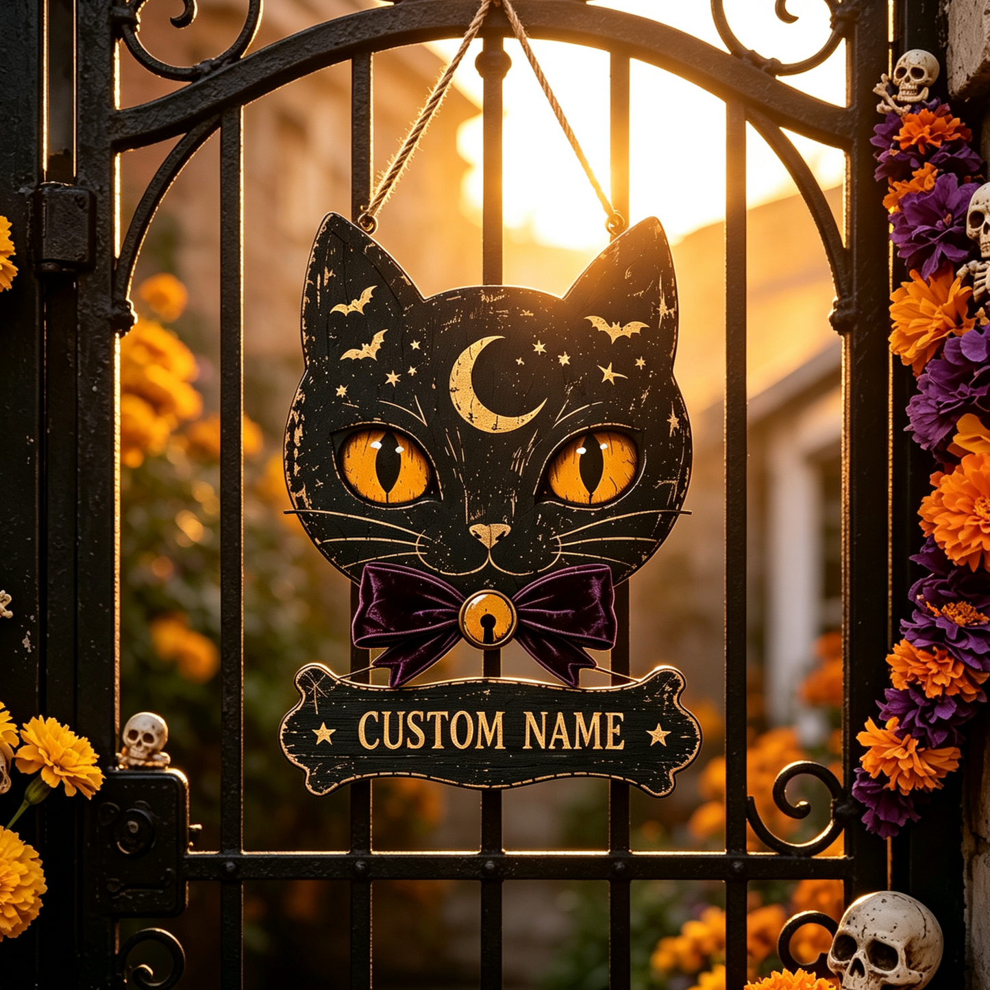 Custom Black Cat Halloween Family Name Sign