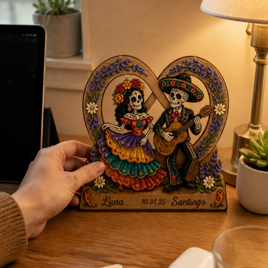 💀Personalized Day of the Dead Couple Wooden Figurine 🎁 Custom Names & Date Sugar Skull Skeleton Couple Tabletop Decor Gift for Anniversary