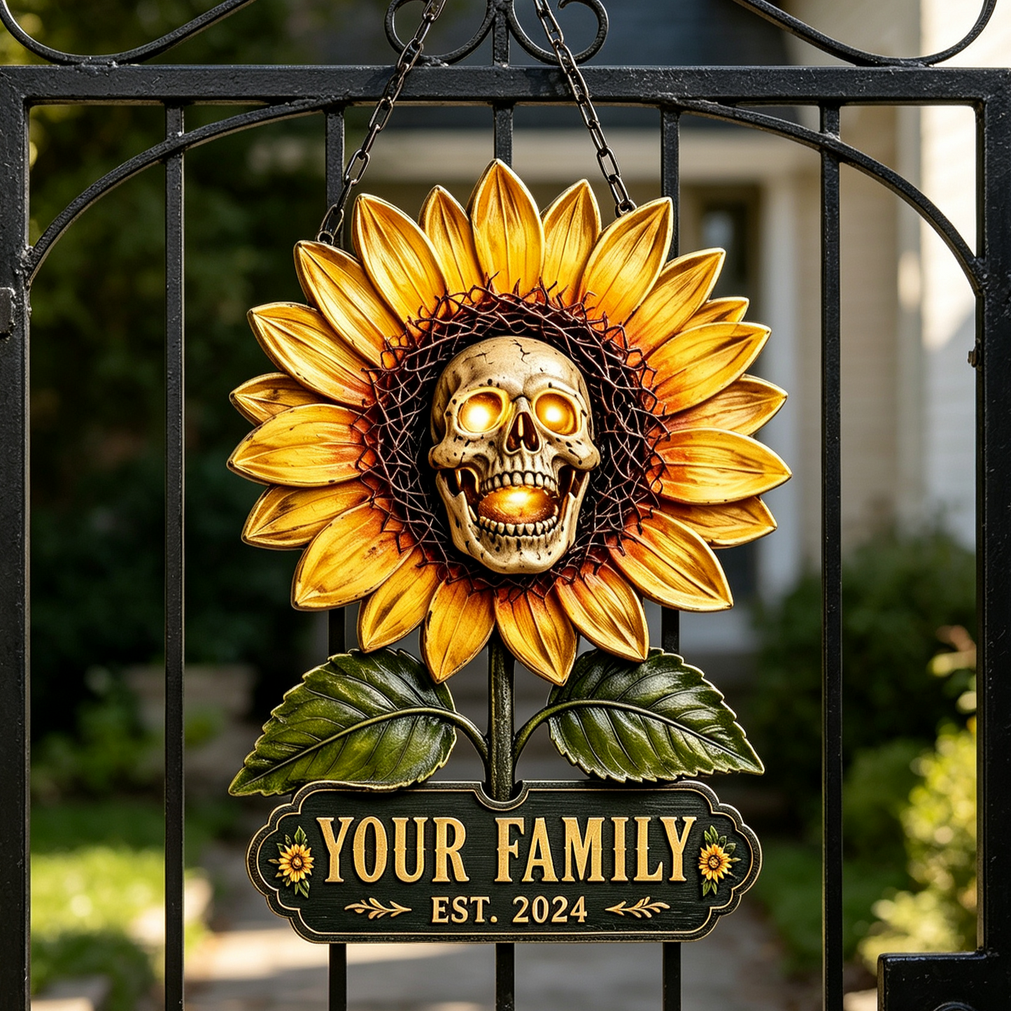 Personalized Sunflower Skull Family Name Door Sign
