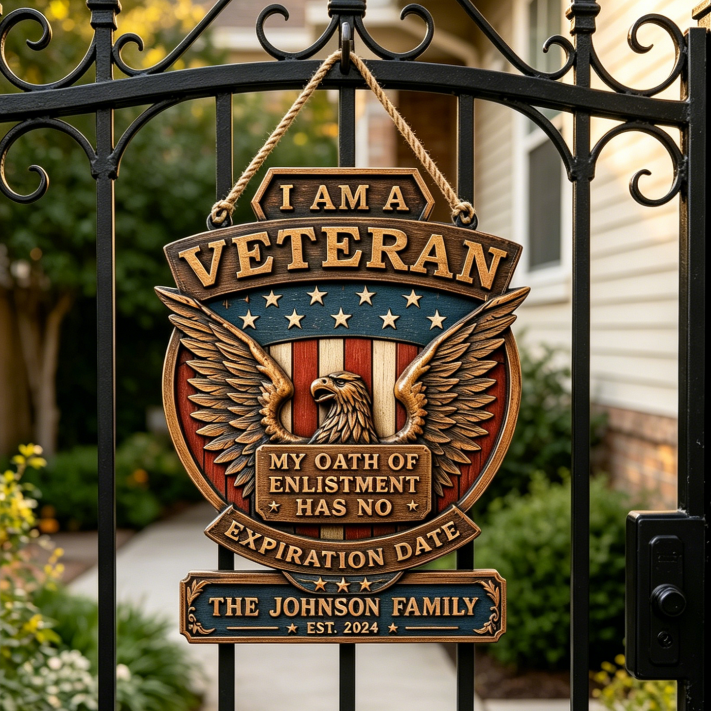 Personalized Patriotic Veteran Eagle Family Wood Sign
