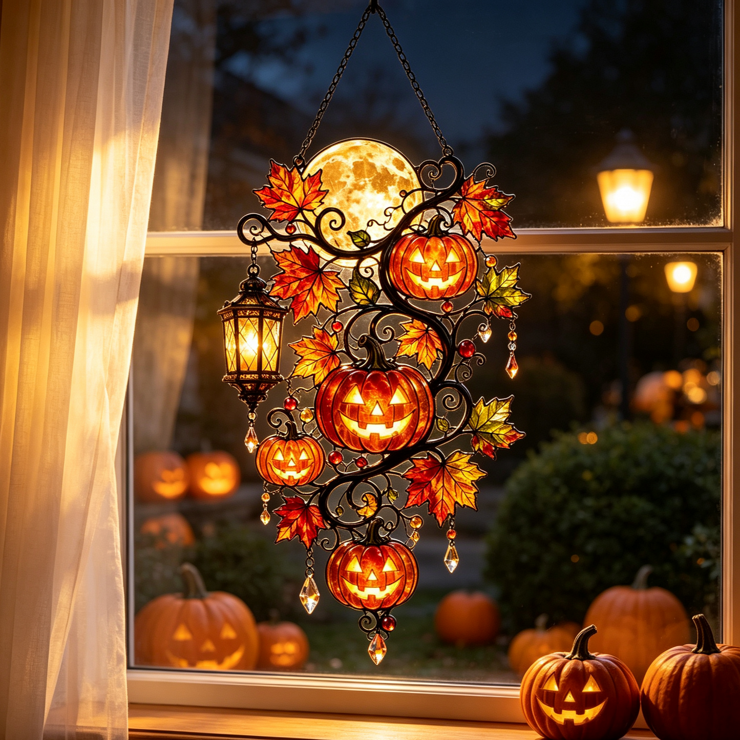 Halloween Pumpkin Moon Stained Glass Window Hanging