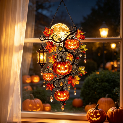 Halloween Pumpkin Moon Stained Glass Window Hanging