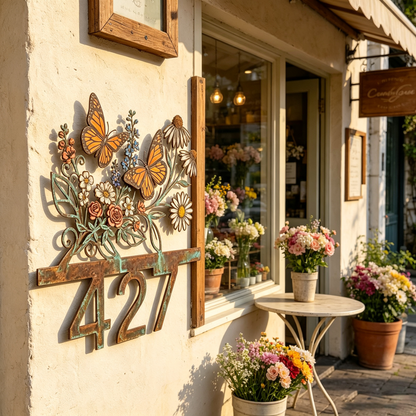 Personalized Monarch Butterfly Floral House Number Sign
