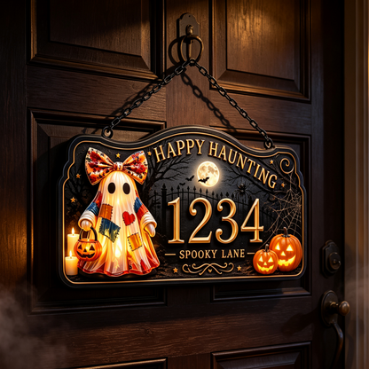 Patchwork Ghost Halloween Custom House Number Sign