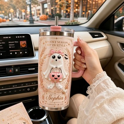 👻 Custom Name Pink Ghost Halloween Tumbler 🎀 | 40oz Insulated Stainless Steel Cup with Handle & Straw | Spooky Chic Fall Gift for Her