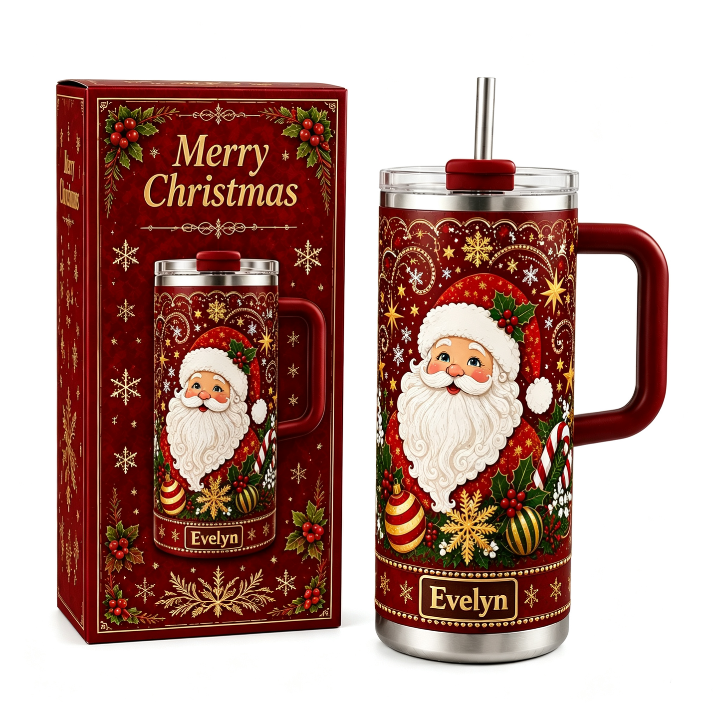 🎅 Personalized Christmas Santa Snowflake 40oz Handle Tumbler 🎄✨