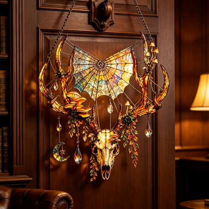 Stained Glass Deer Skull Mushroom Moon Window Hanging