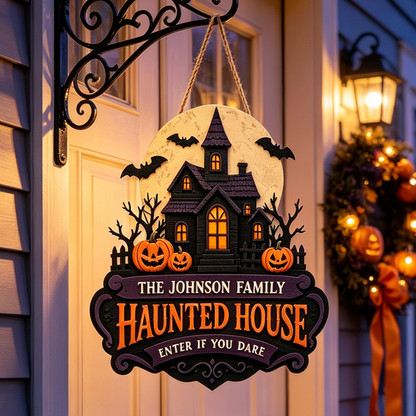 Custom Haunted House Family Halloween Door Hanger