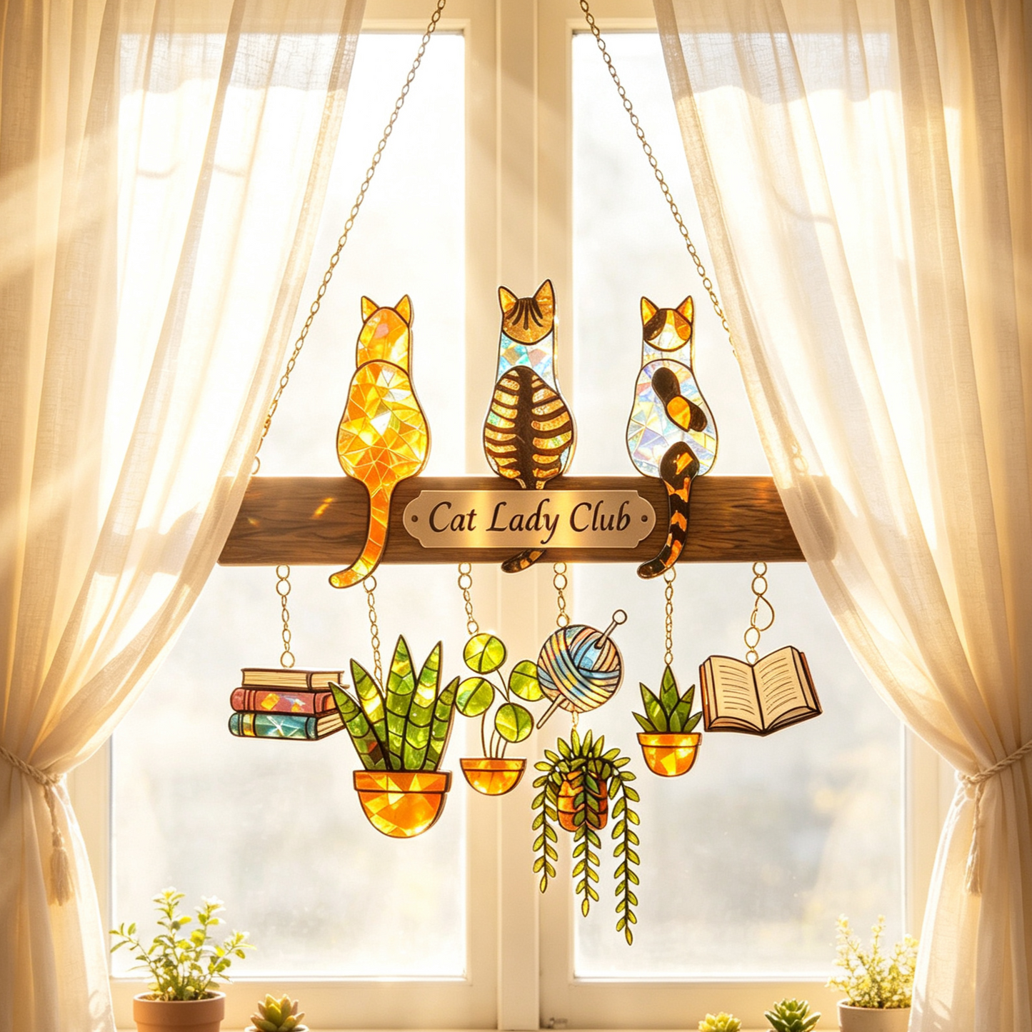 Custom Three Cats Stained Glass Window Hanging Sign