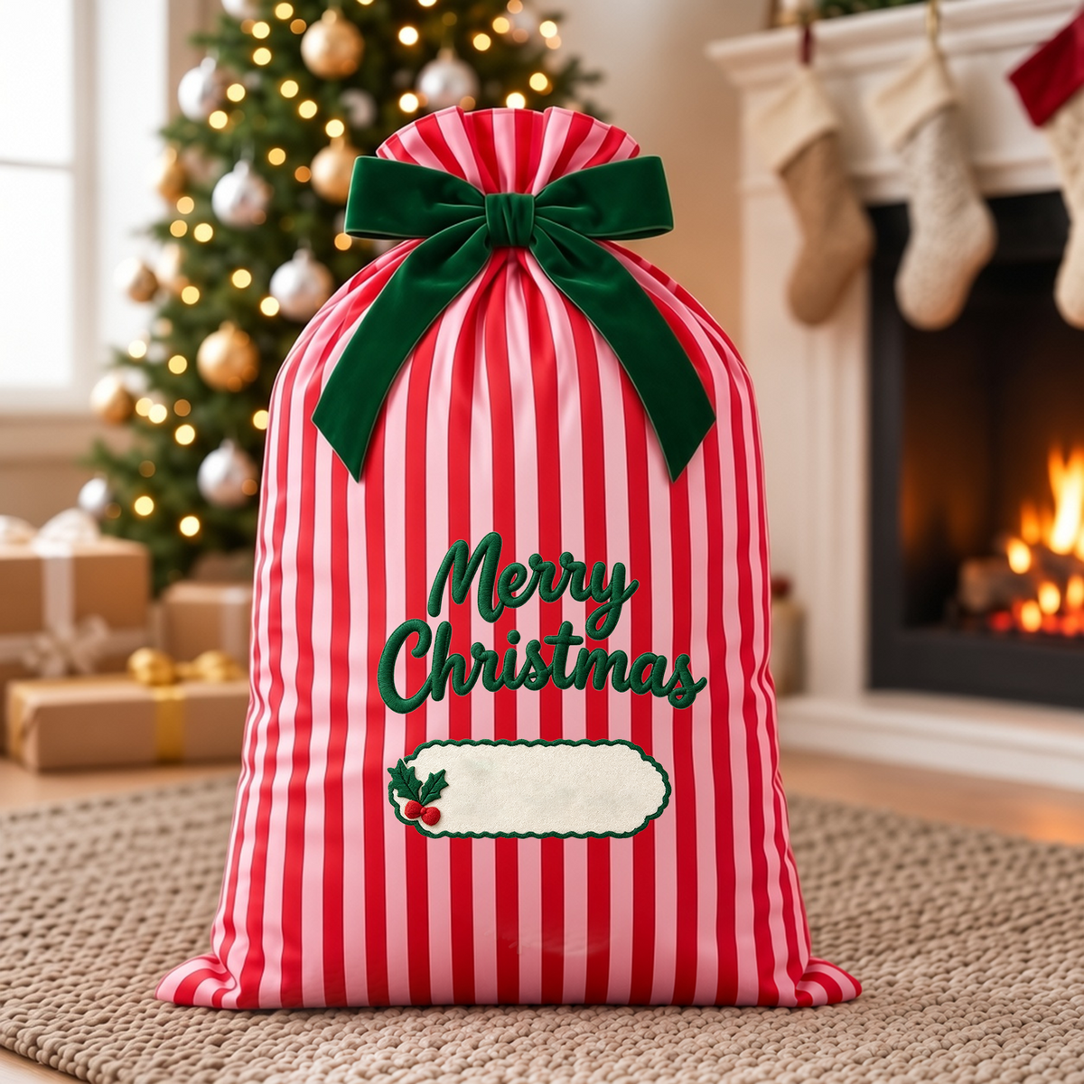 Personalized Striped Christmas Gift Sack, Custom Embroidered Name Santa Bag