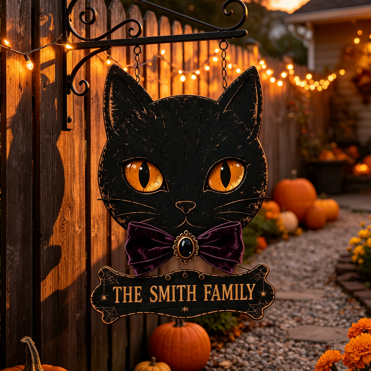 Custom Black Cat Halloween Family Name Sign