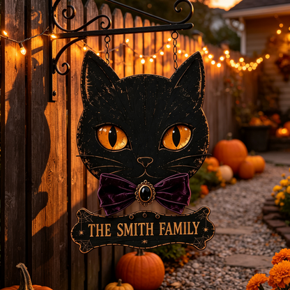 Custom Black Cat Halloween Family Name Sign