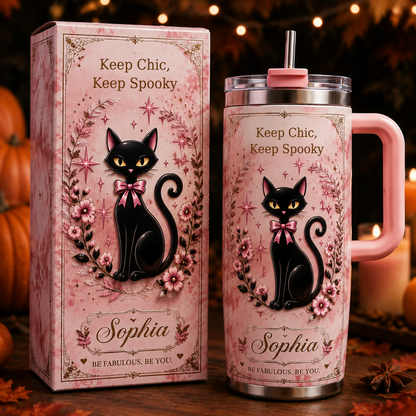 🐈‍⬛Personalized Name Black Cat Tumbler 🎁 30oz / 40oz Handle Stainless Steel Insulated Cup, Stay Chic Stay Spooky Custom Gift