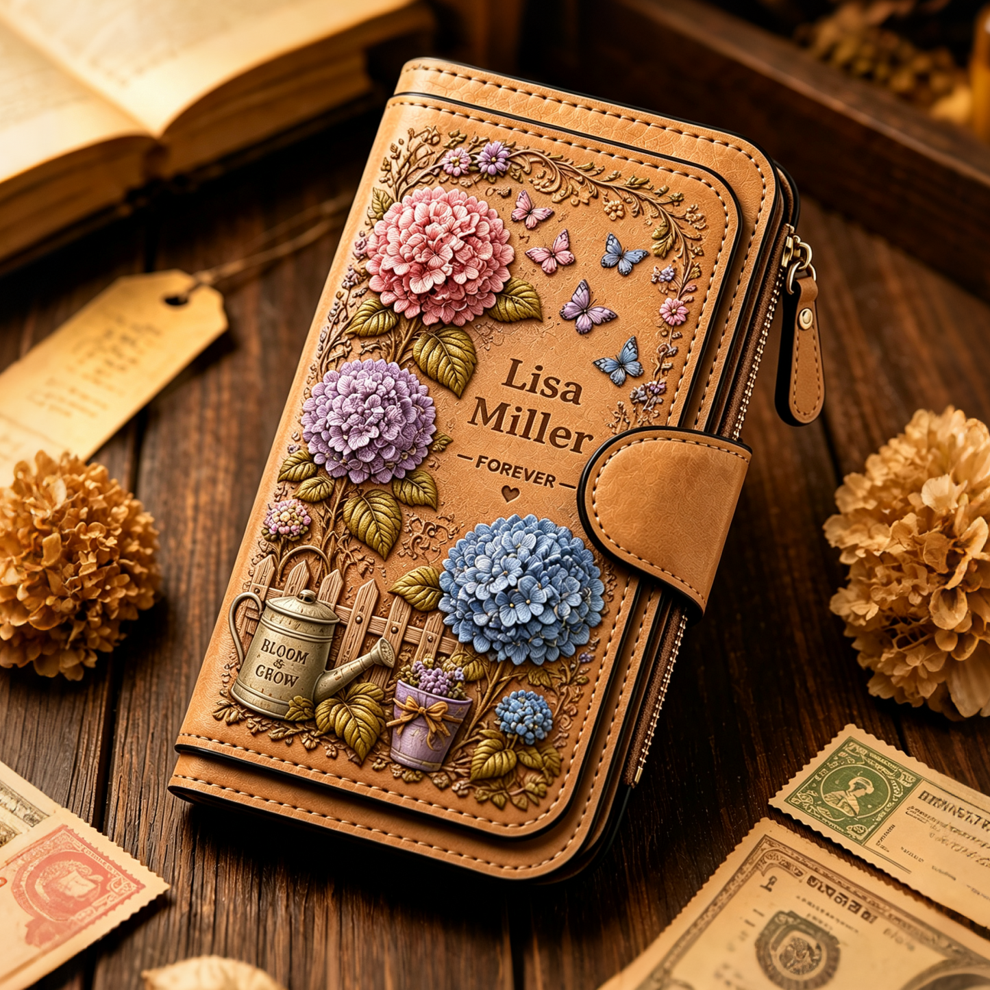 🌸Custom Name Women Floral Leather Wallet 🌻Personalized Vintage Flower Butterfly Long Clutch Purse Hydrangea Sunflower Lavender Rose Custom Gift for Her