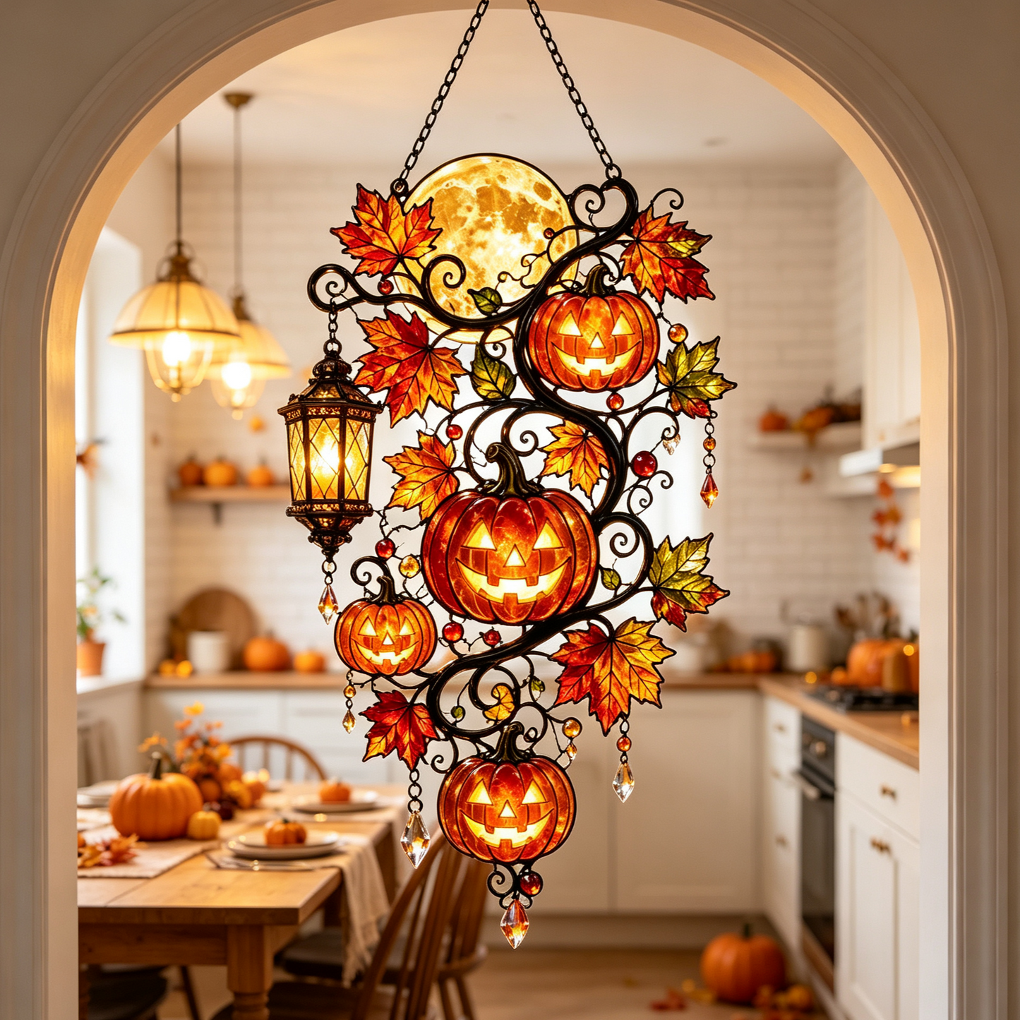 Halloween Pumpkin Moon Stained Glass Window Hanging