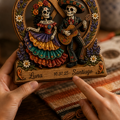 💀Personalized Day of the Dead Couple Wooden Figurine 🎁 Custom Names & Date Sugar Skull Skeleton Couple Tabletop Decor Gift for Anniversary
