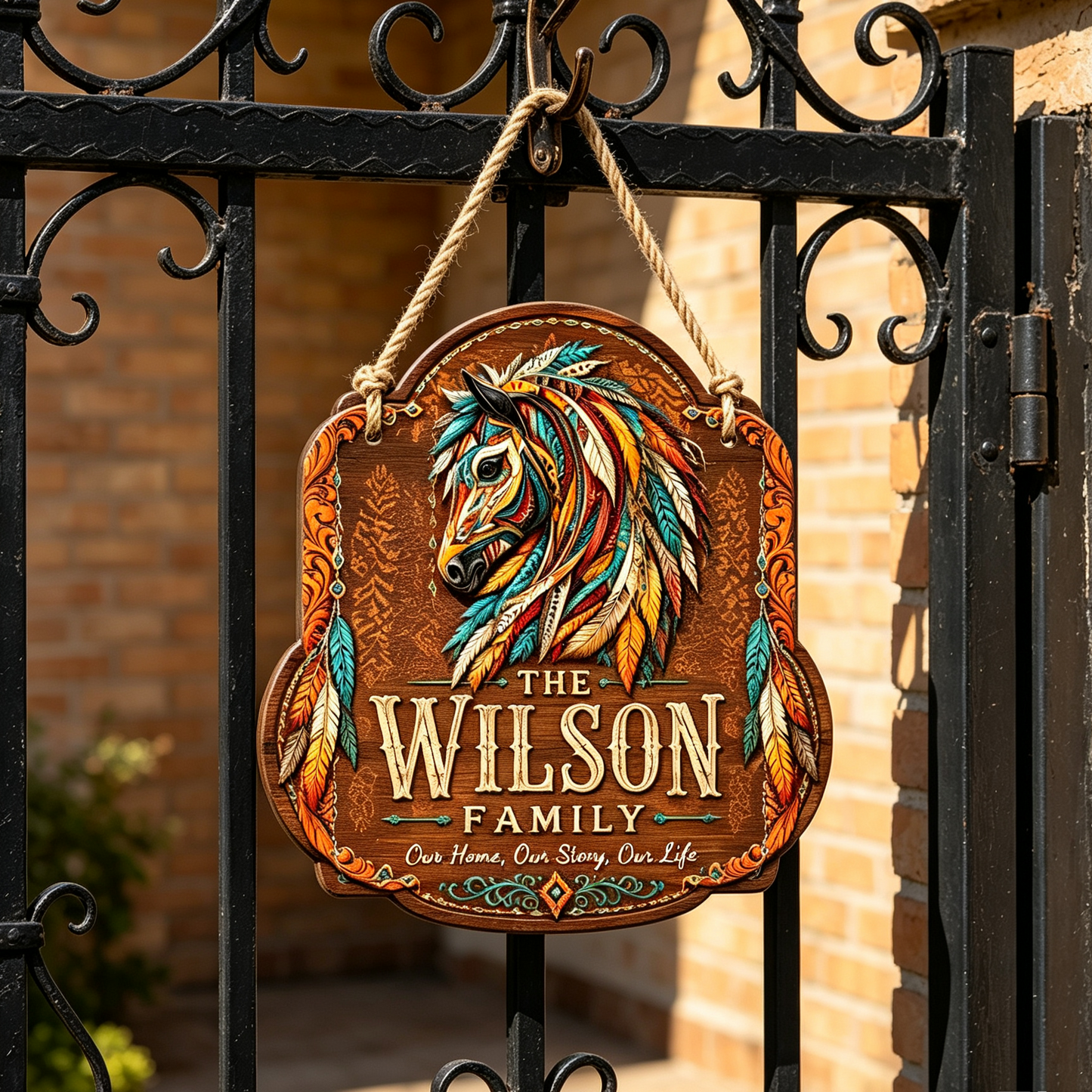 Custom Southwest Feather Horse Family Wood Sign