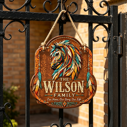 Custom Southwest Feather Horse Family Wood Sign