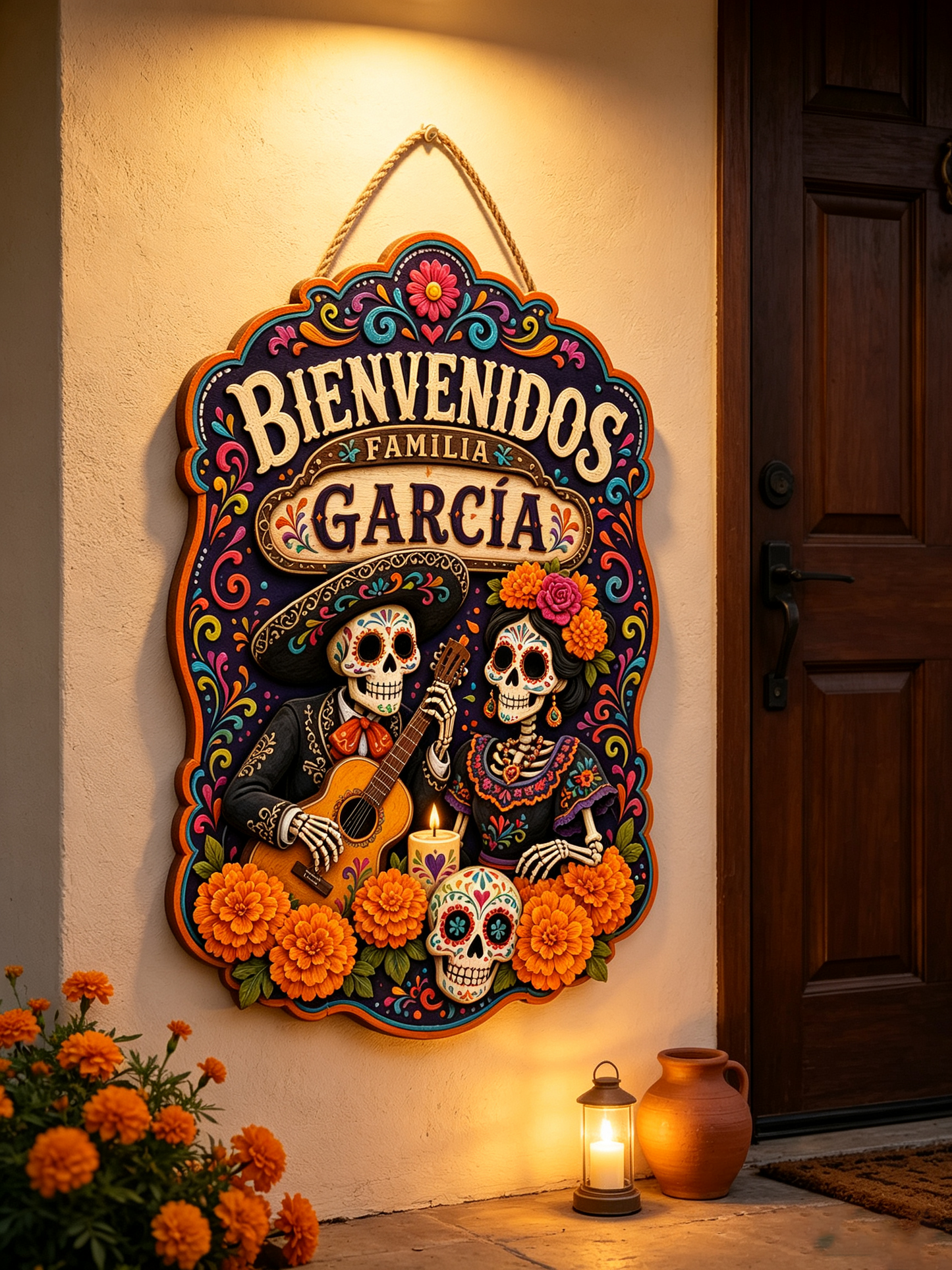 Personalized Dia De Los Muertos Familia Name Hanging Sign