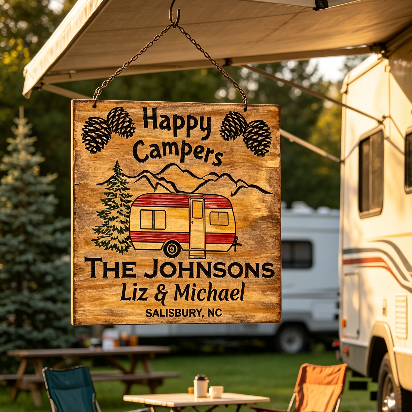 Custom Happy Campers RV Family Name Sign