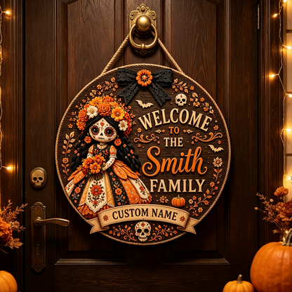 Custom Day of the Dead Doll Family Welcome Sign