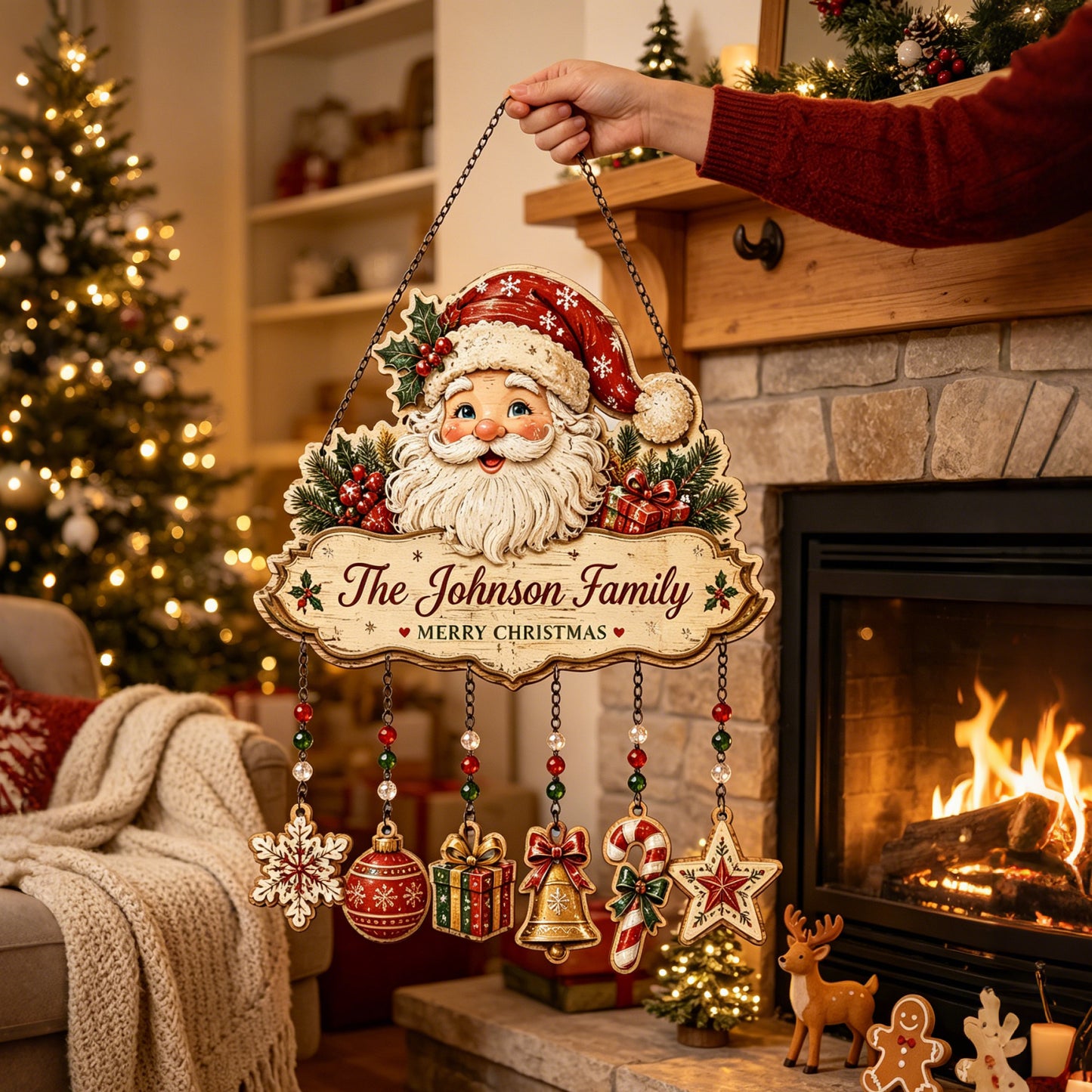 🎅Personalized The Family Name Santa Wooden Ornament Hanging Sign