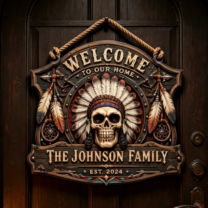 Custom Native American Skull Family Welcome Sign