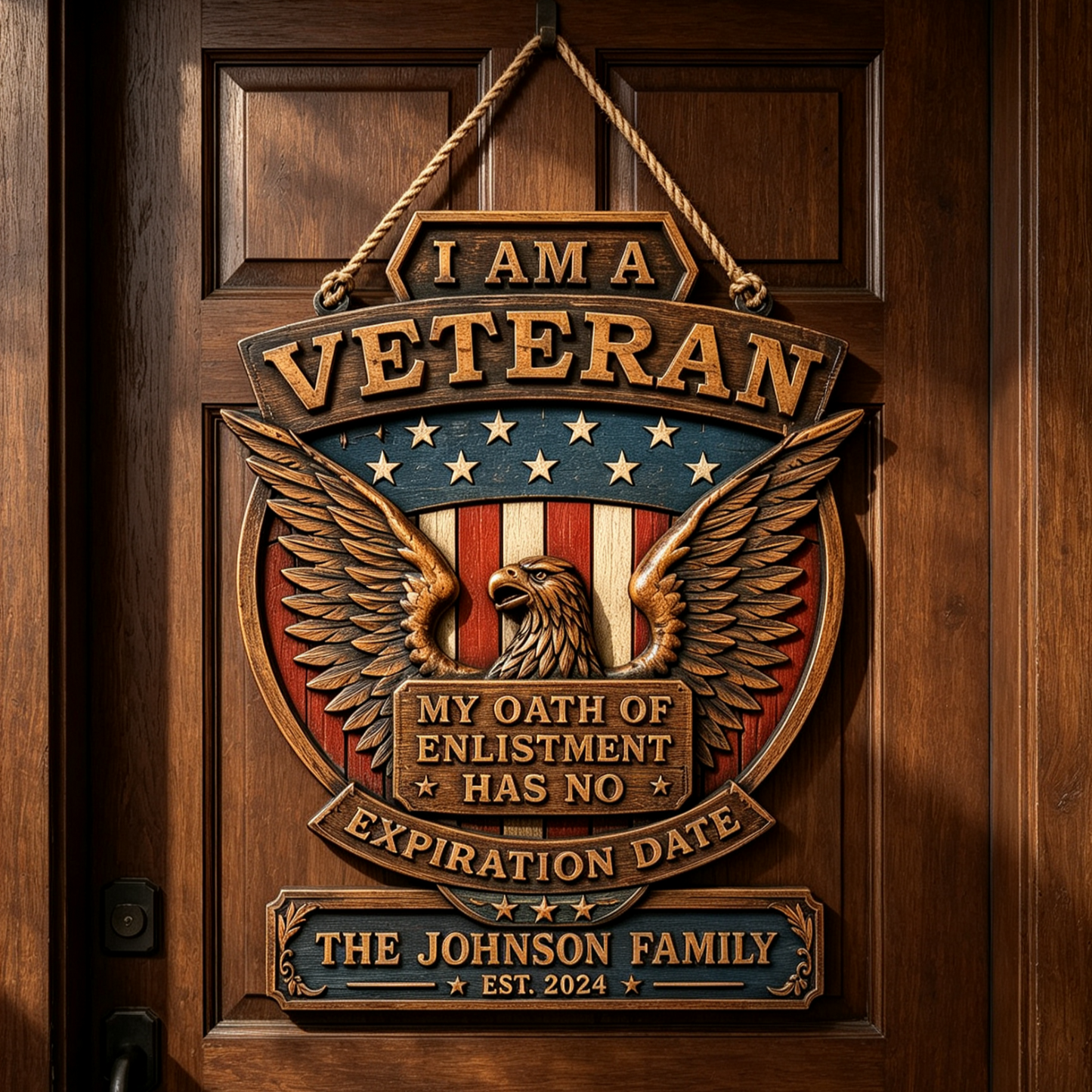 Personalized Patriotic Veteran Eagle Family Wood Sign
