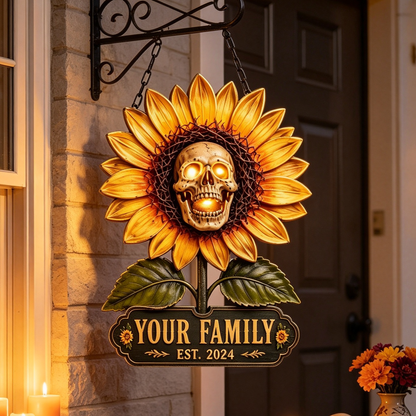 Personalized Sunflower Skull Family Name Door Sign