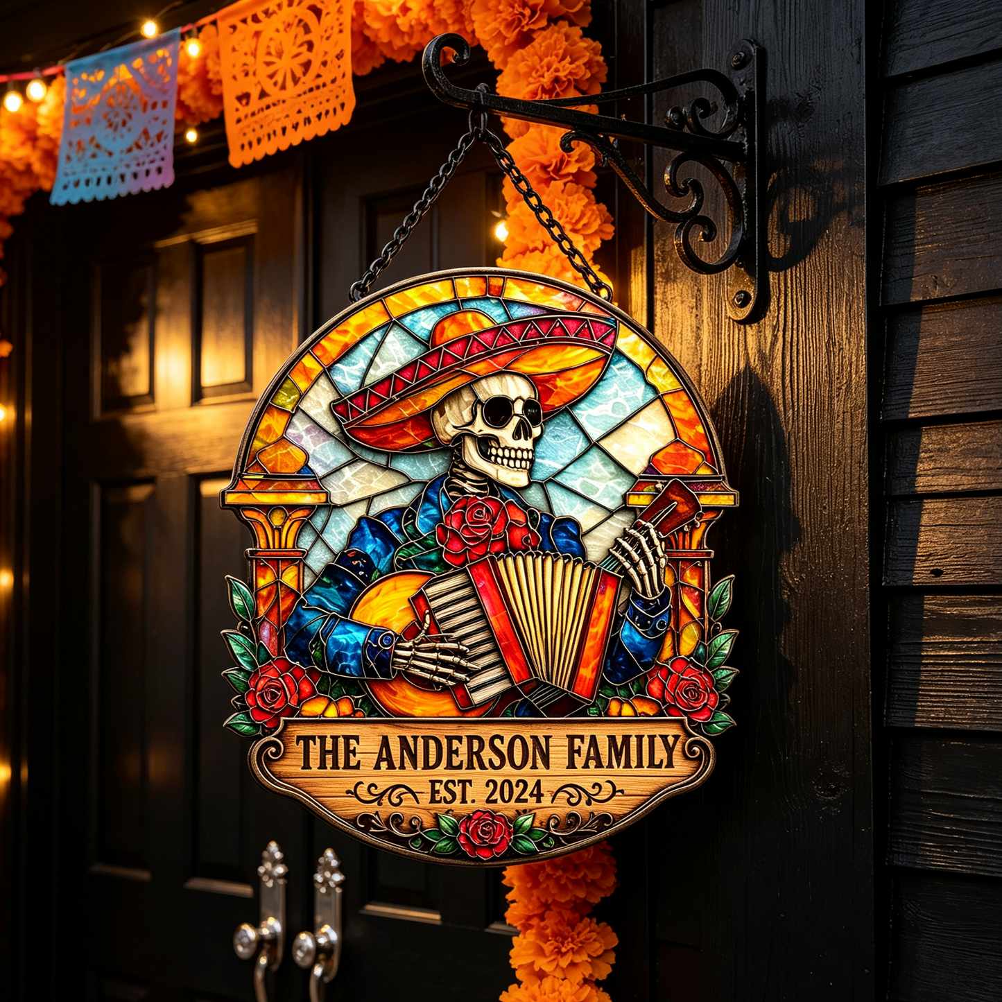 Custom Stained Glass Skeleton Accordion Family Sign
