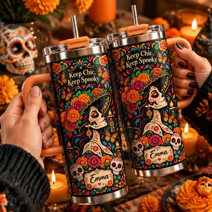 💀Custom Name Day of the Dead Tumbler 🦋 Spooky Chic Stainless Steel Mug