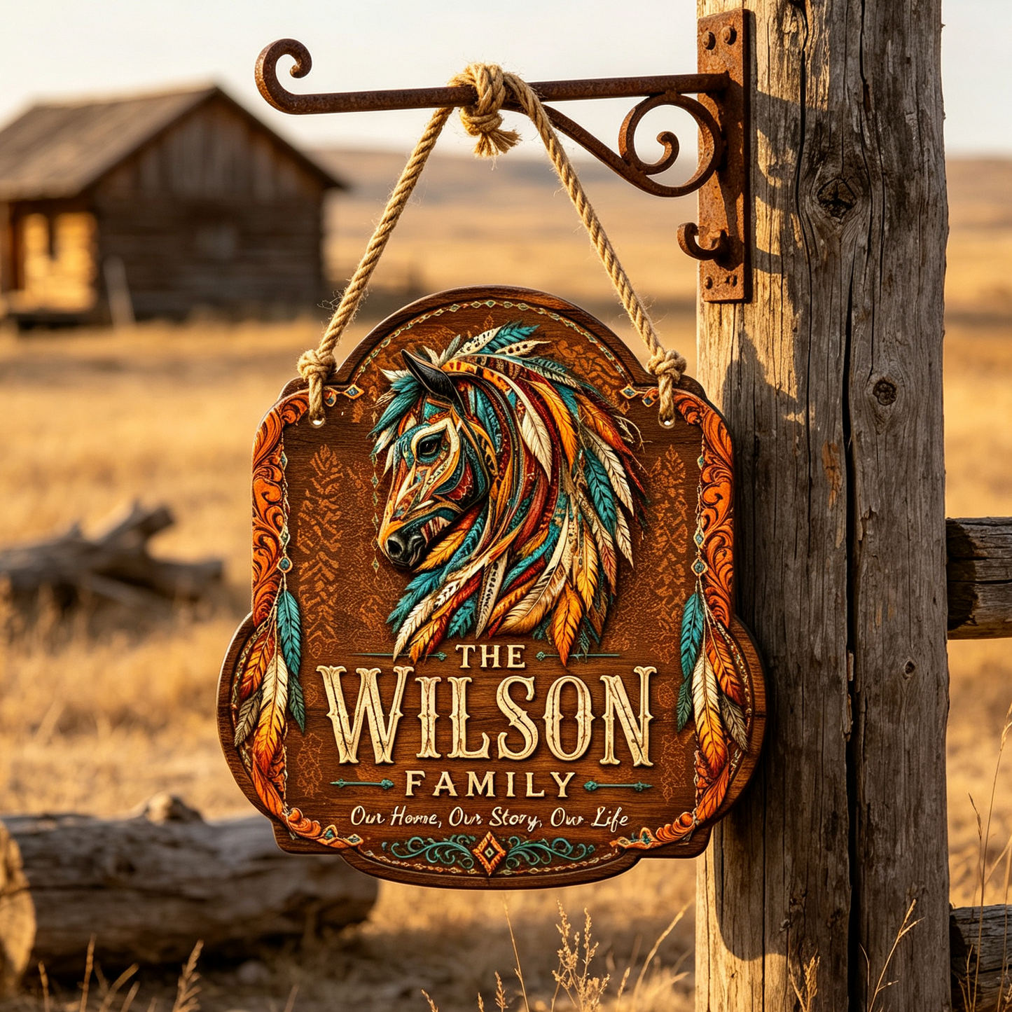 Custom Southwest Feather Horse Family Wood Sign