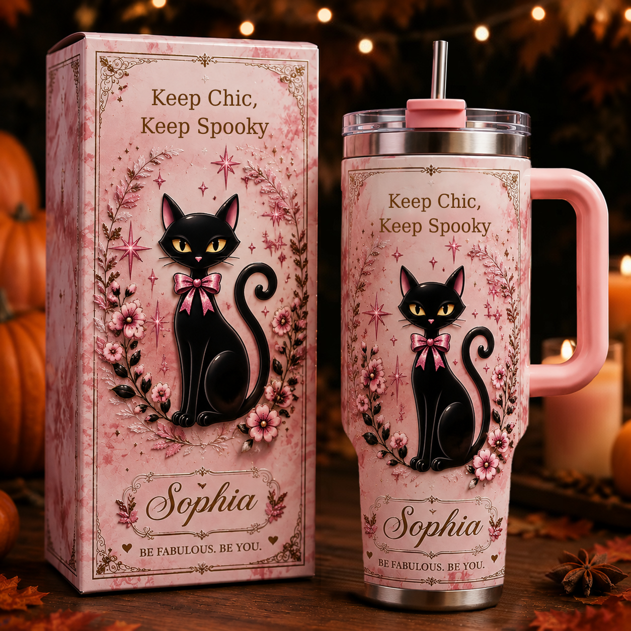 🐈‍⬛Personalized Name Black Cat Tumbler 🎁 30oz / 40oz Handle Stainless Steel Insulated Cup, Stay Chic Stay Spooky Custom Gift