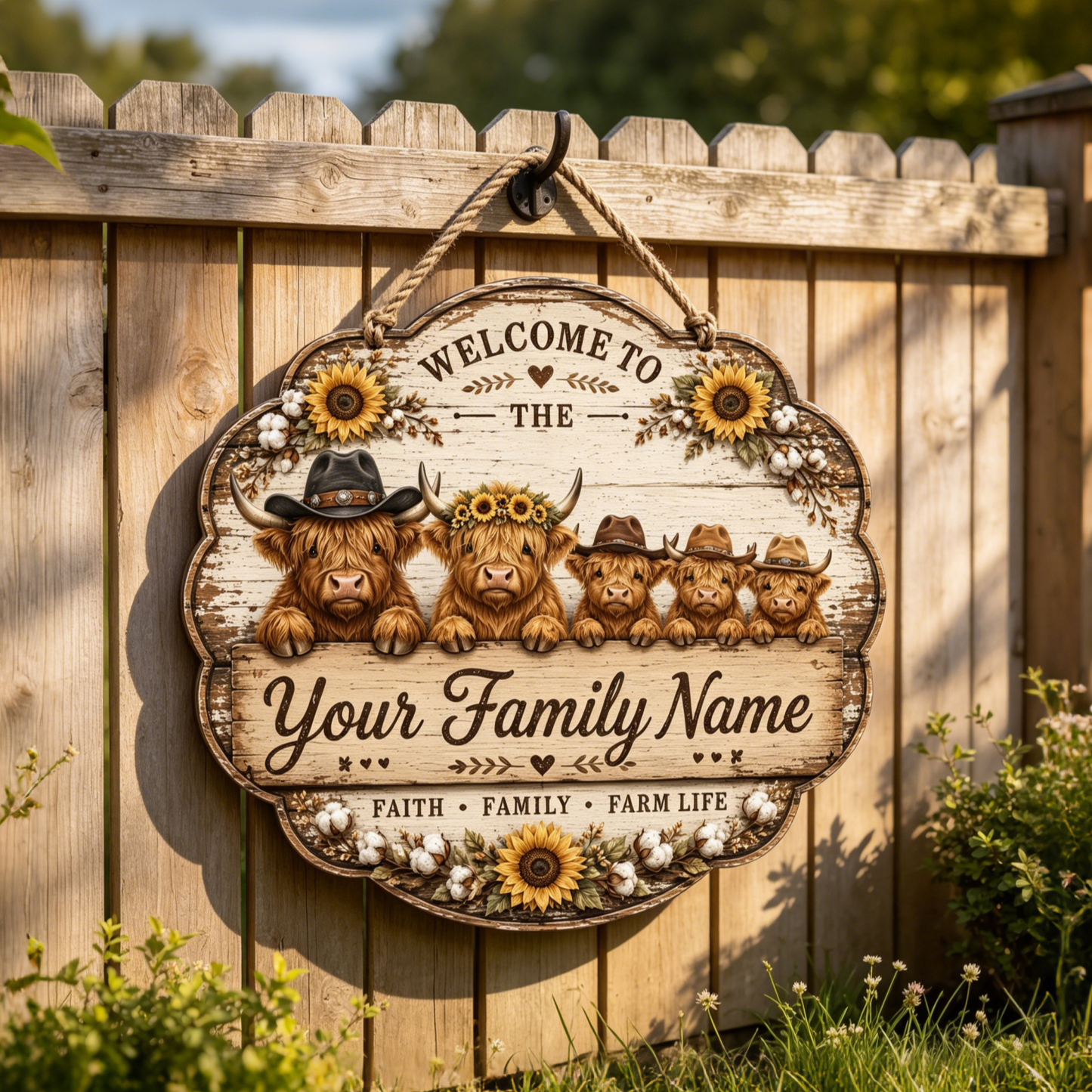 Custom Highland Cow Farm Family Welcome Sign