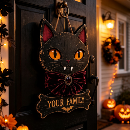 Custom Black Cat Halloween Family Name Sign