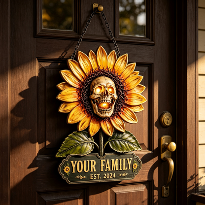 Personalized Sunflower Skull Family Name Door Sign