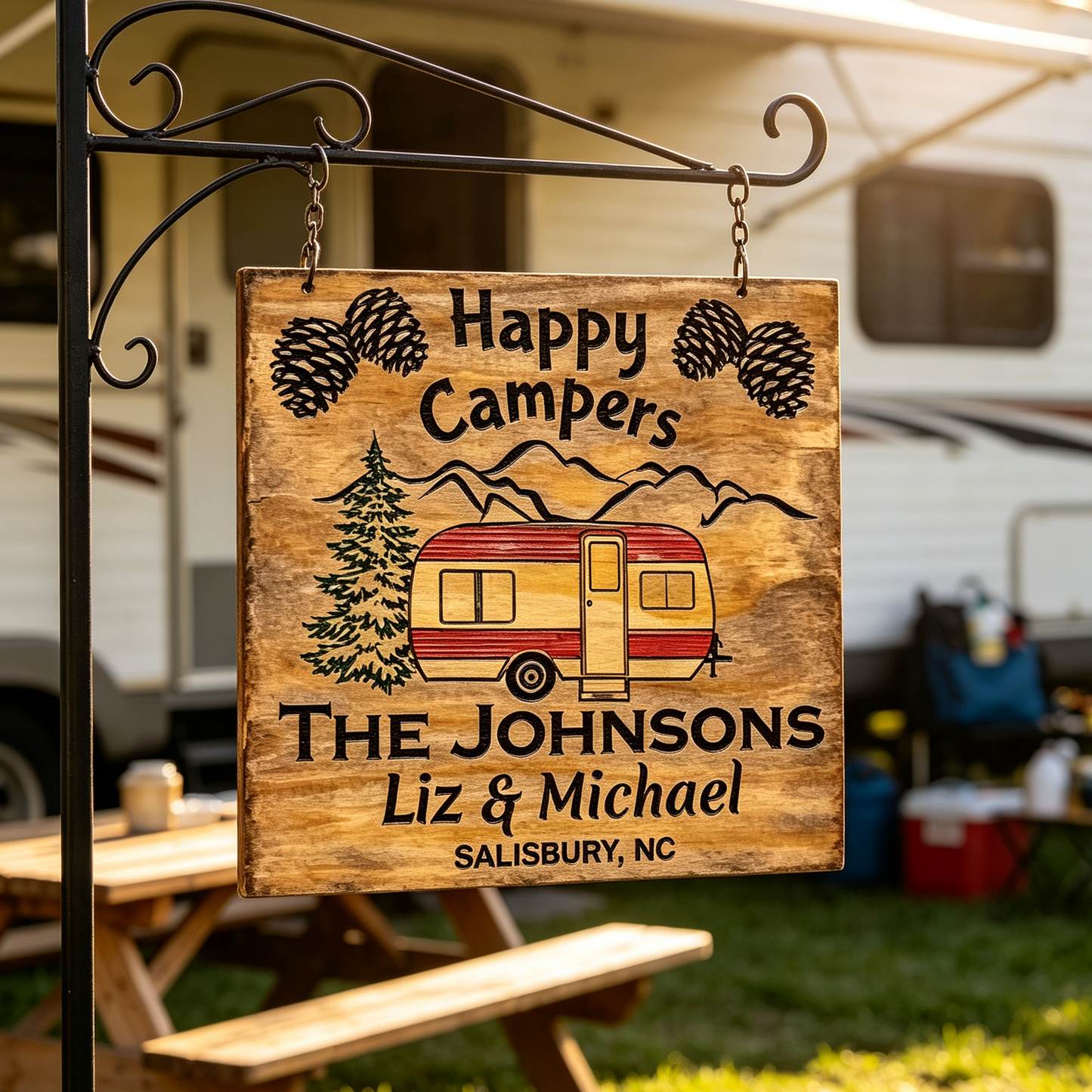 Custom Happy Campers RV Family Name Sign