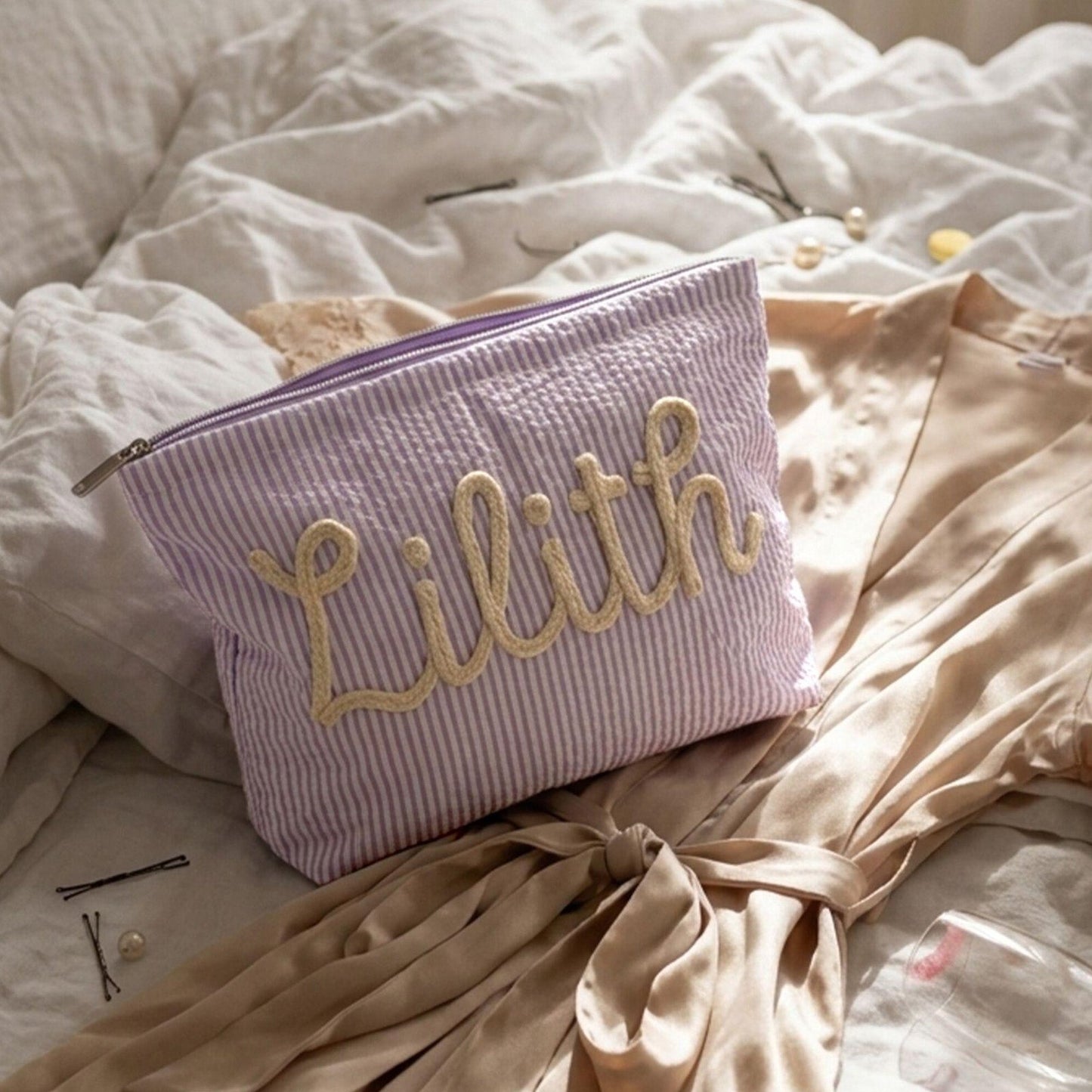 Personalized Name Seersucker Makeup Bag