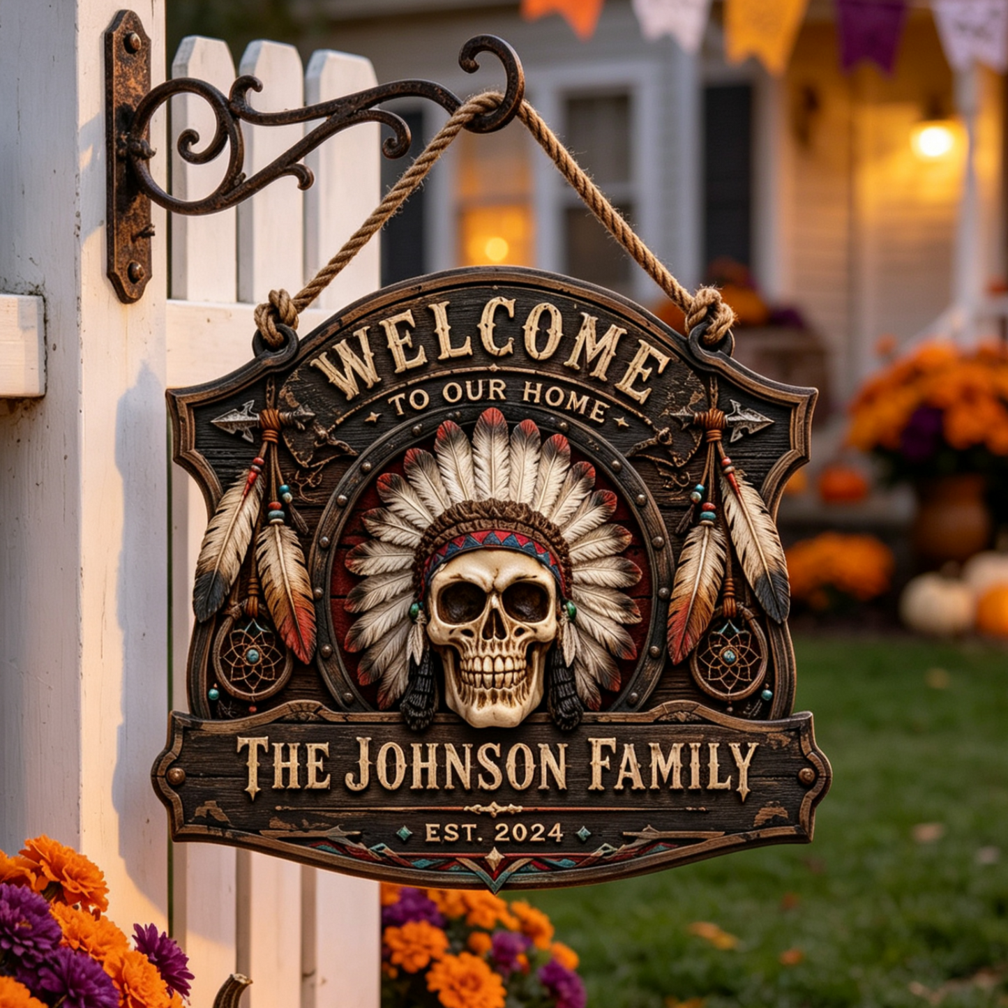 Custom Native American Skull Family Welcome Sign