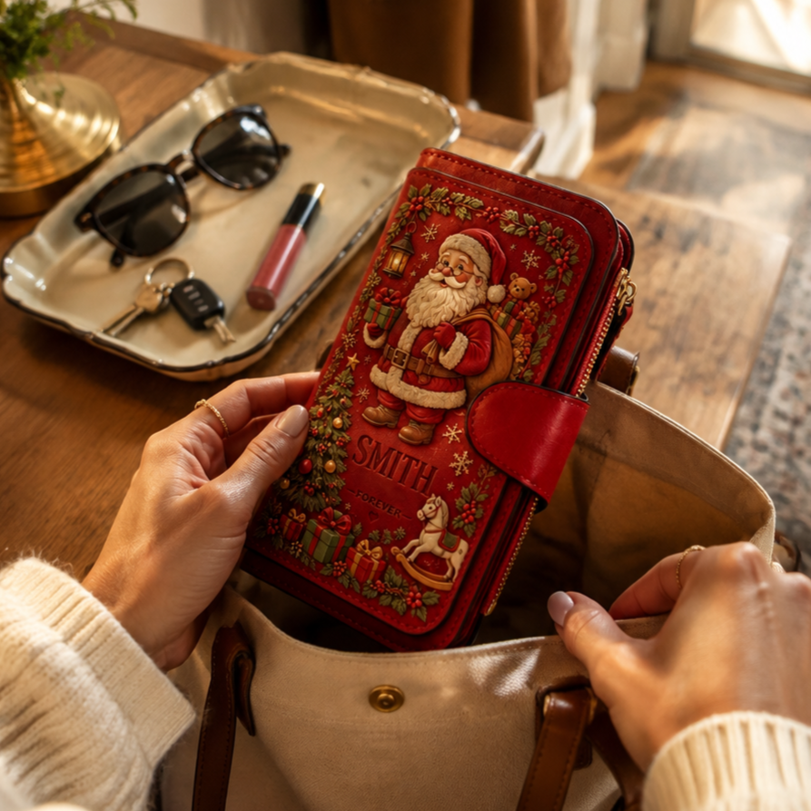 🎄Personalized Christmas Wallet 🎁 | Custom Name Vintage Faux Leather Zip Clutch Purse, 4 Styles Reindeer Snowman Santa X‑mas Tree Holiday Gift