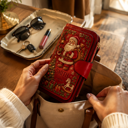 🎄Personalized Christmas Wallet 🎁 | Custom Name Vintage Faux Leather Zip Clutch Purse, 4 Styles Reindeer Snowman Santa X‑mas Tree Holiday Gift